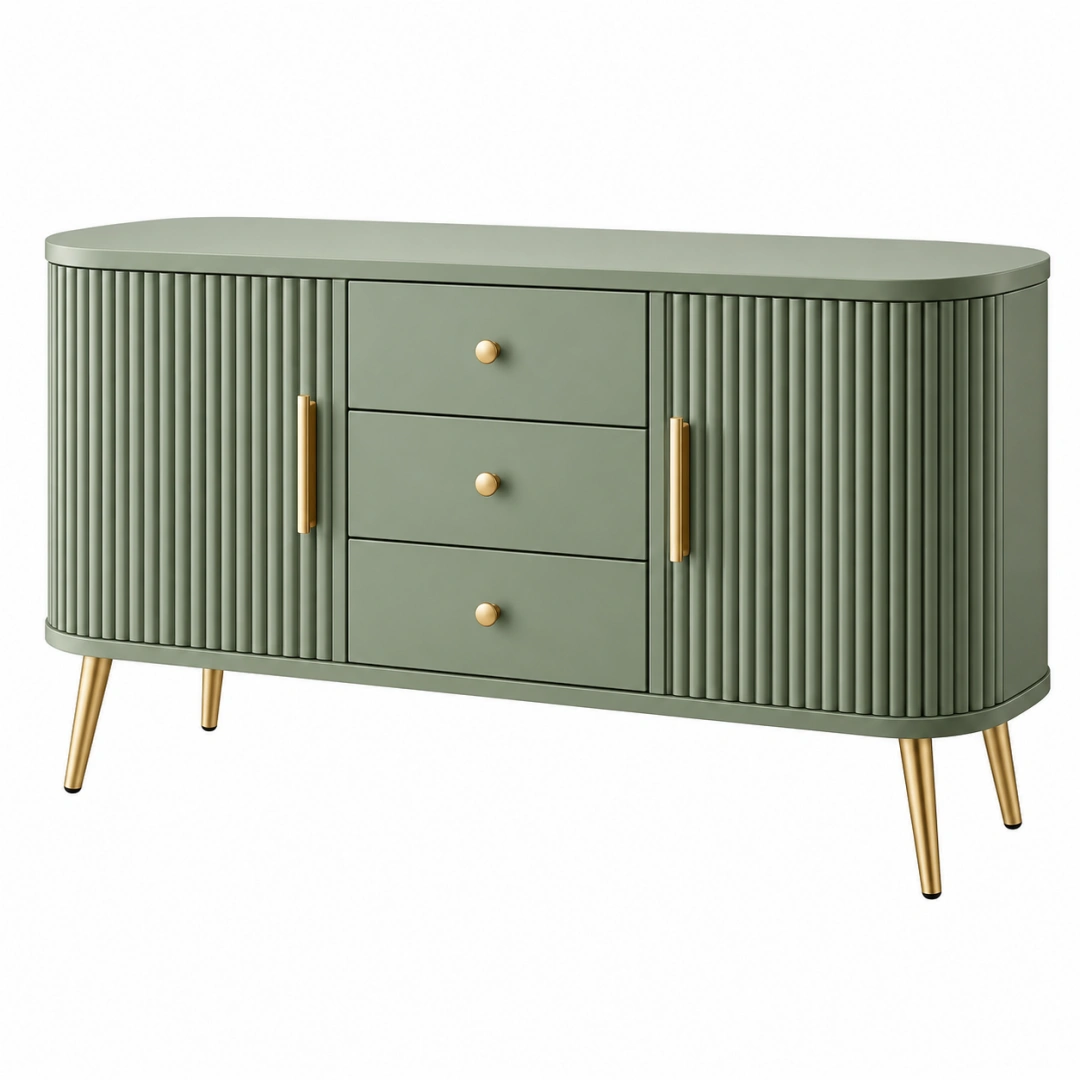 Aparador 160 x 40 x 85 cm de madera verde con 3 cajones y 2 puertas estilo moderno