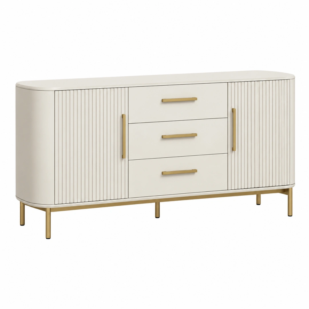 Aparador 160 x 40 x 80 cm blanco de madera con patas doradas estilo moderno para almacenamiento