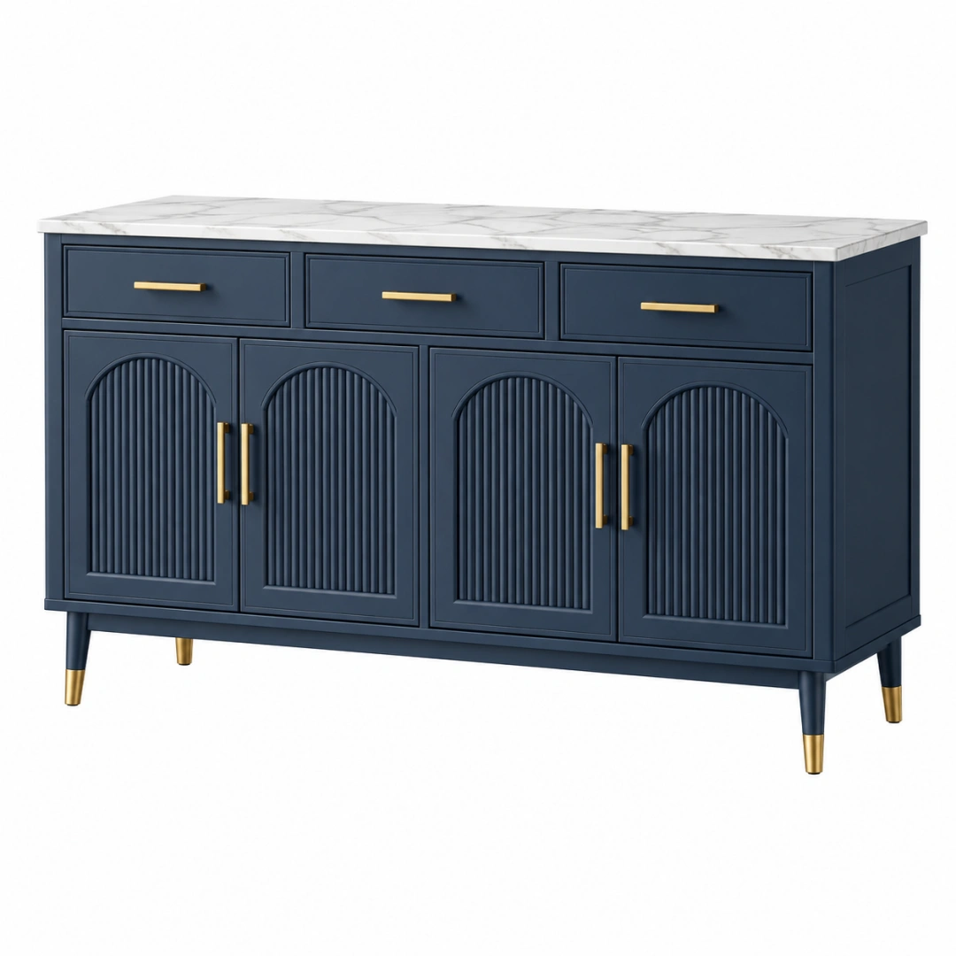 Aparador 160 x 45 x 85 cm azul marino con superficie efecto mármol y cuatro puertas estilo moderno
