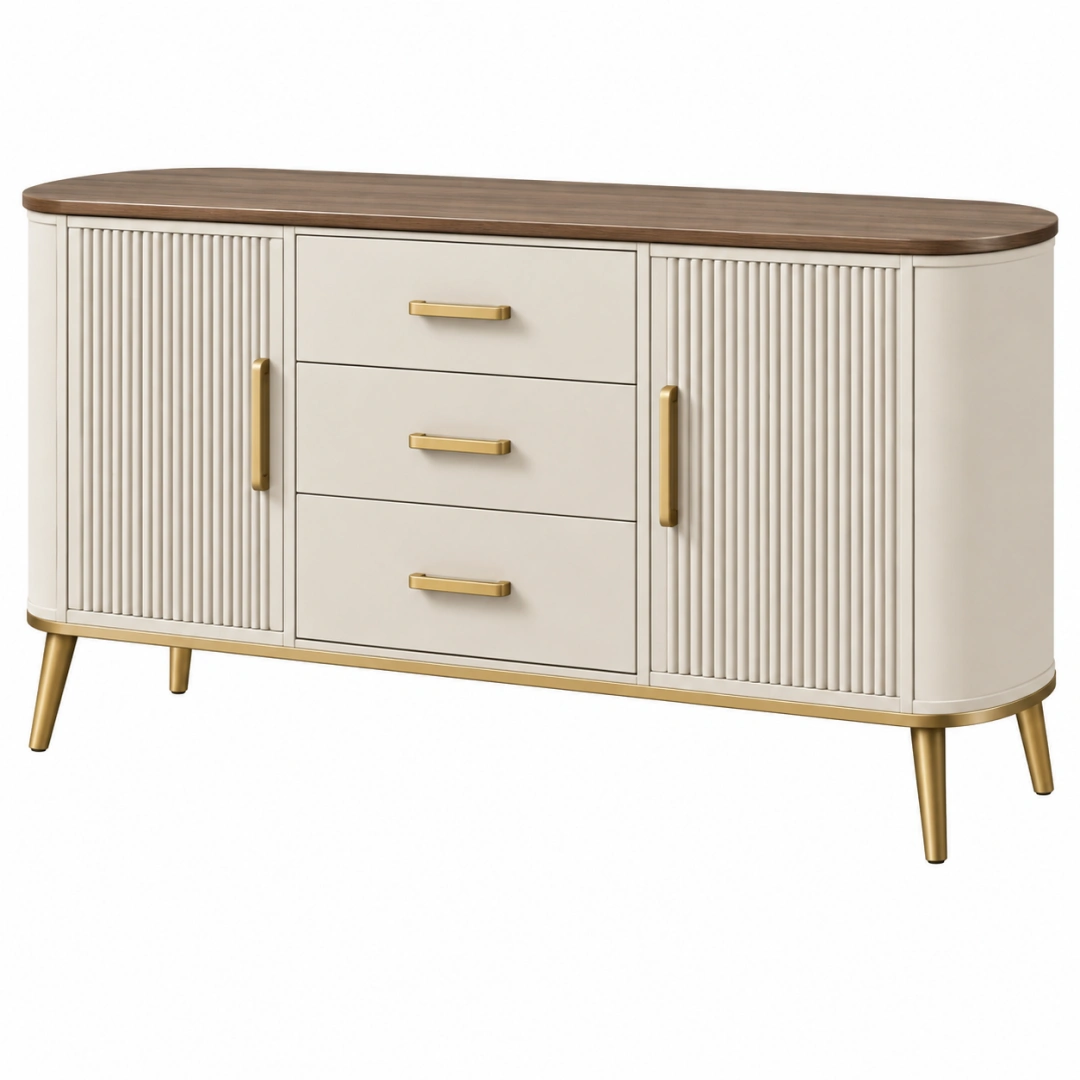 Aparador 160 cm blanco y nogal con puertas acanaladas y cajones estilo moderno