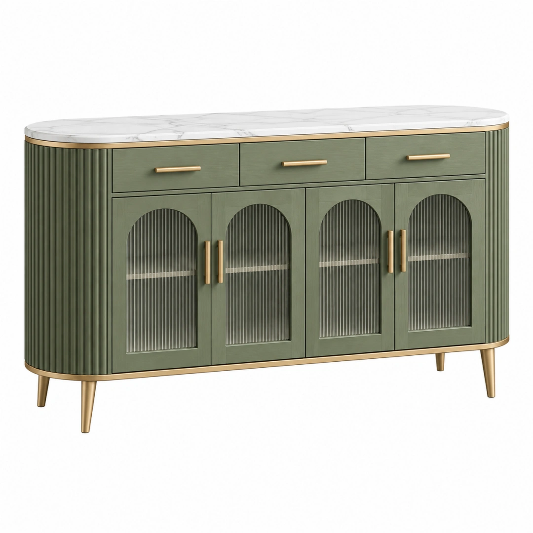 Aparador 160 x 45 x 85 cm verde de madera y vidrio con encimera efecto mármol estilo art déco