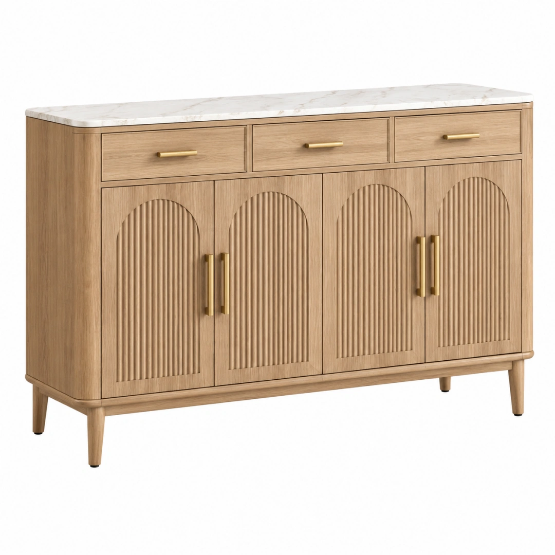 Aparador 160 x 40 x 85 cm de madera natural con encimera efecto mármol para comedor estilo contemporáneo