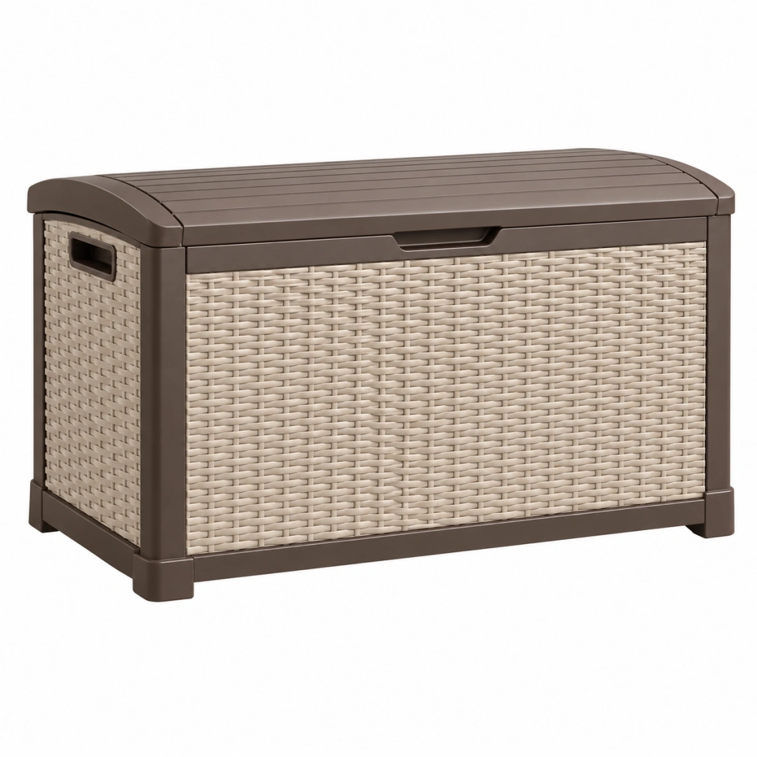 Baúl de almacenamiento 78 x 45 x 60 cm de plástico marrón beige para exterior con tapa abatible