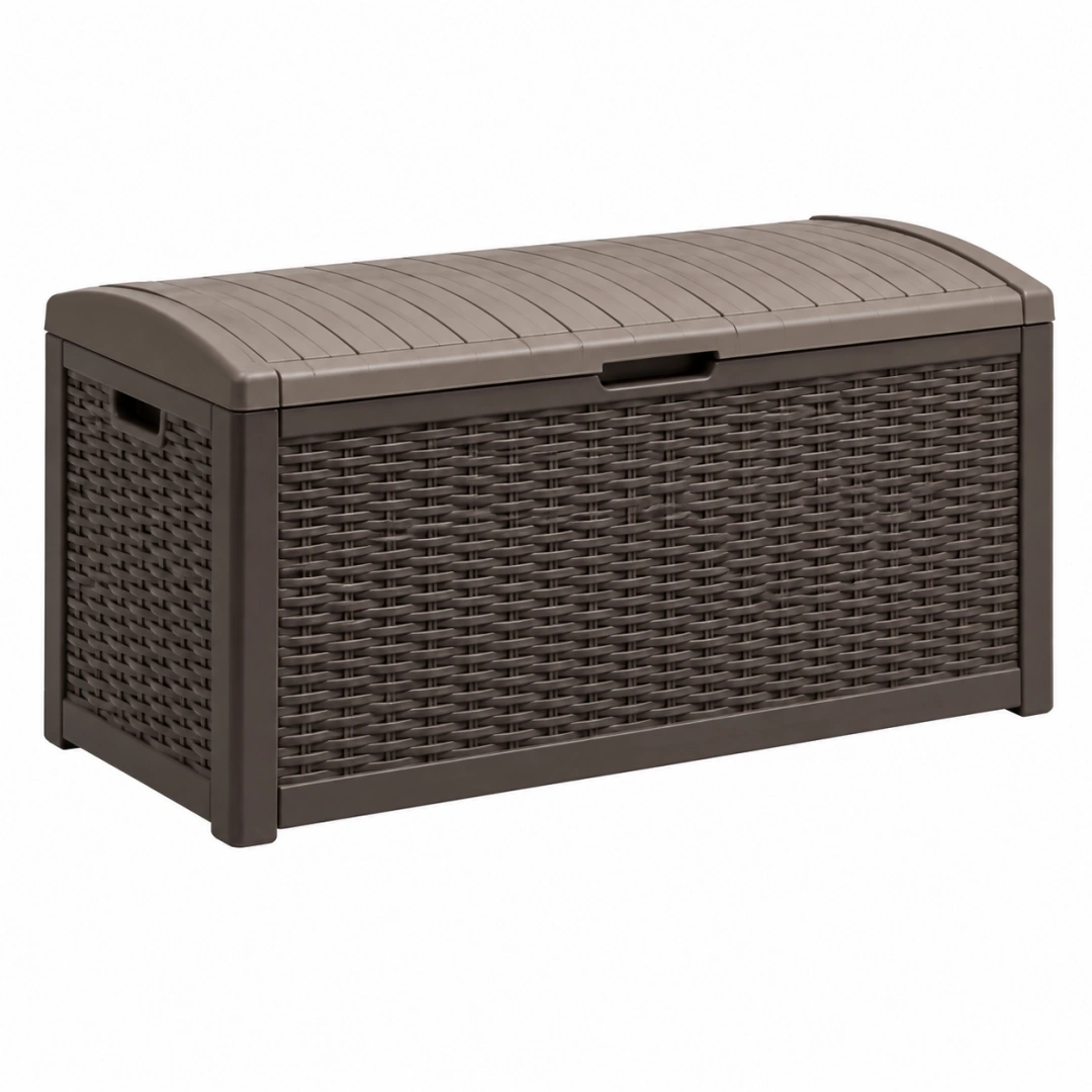 Arcón de almacenaje 116.7 x 44.7 x 57 cm de resina marrón para exterior con tapa abatible