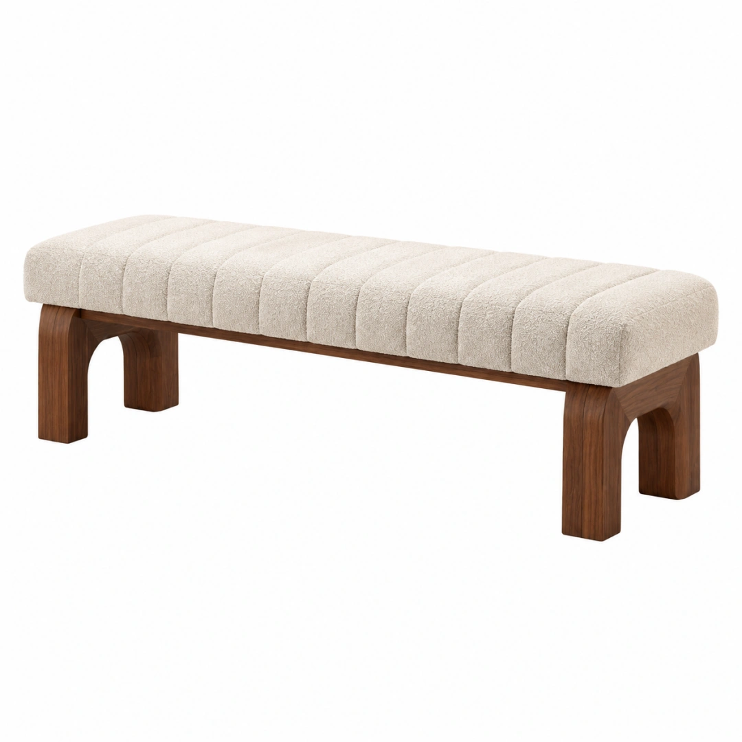 Banco tapizado 140 x 45 x 46 cm de madera marrón y tejido bouclé beige para recibidor