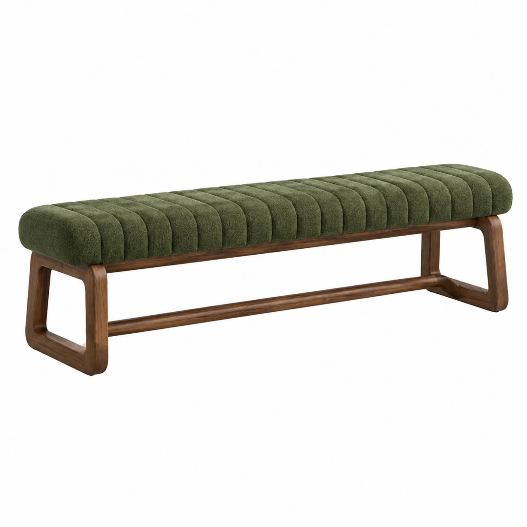 Banco 150 x 45 x 46 cm tapizado textil verde con estructura de madera estilo moderno