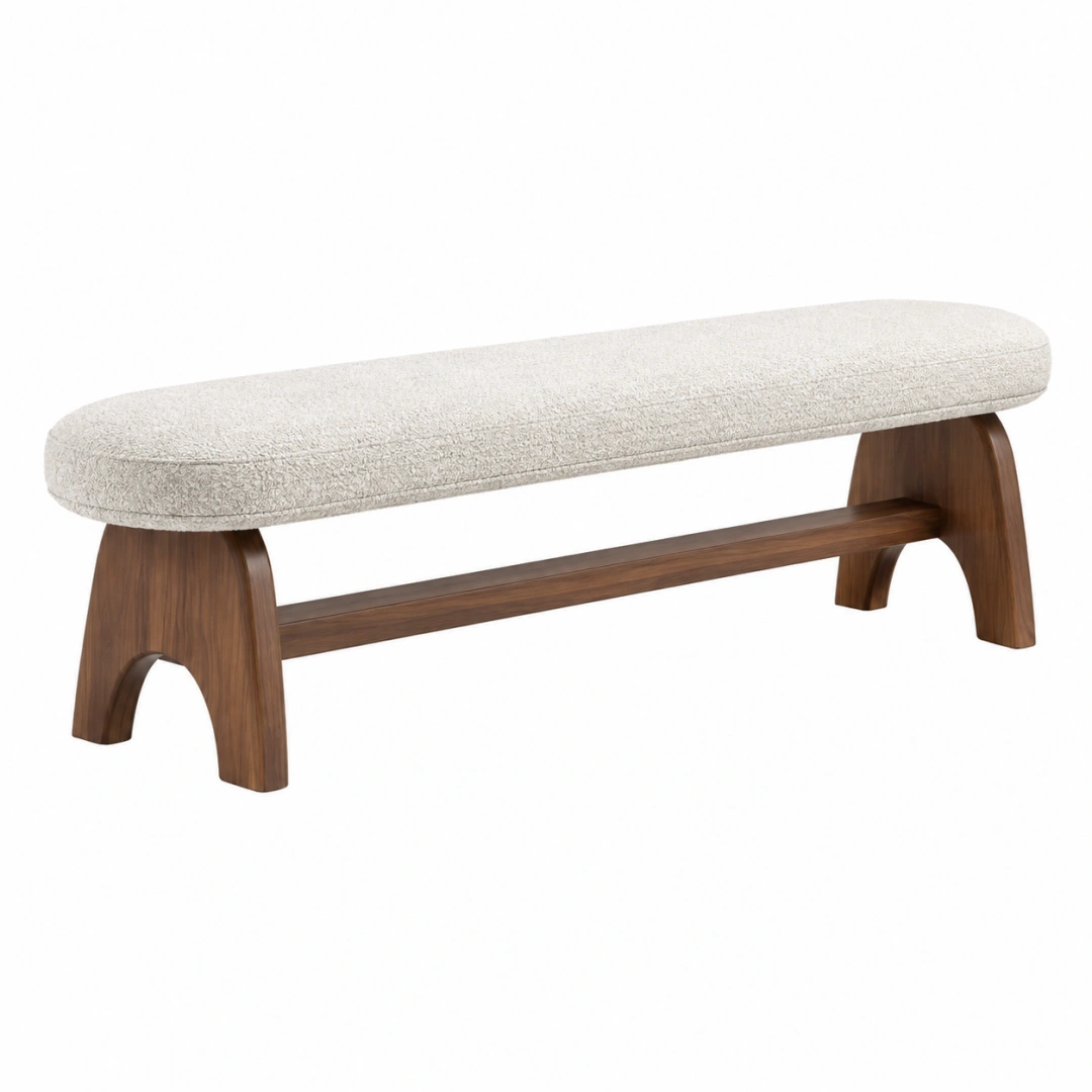 Banco 120 x 40 x 45 cm de madera color nogal con asiento tapizado crema estilo moderno