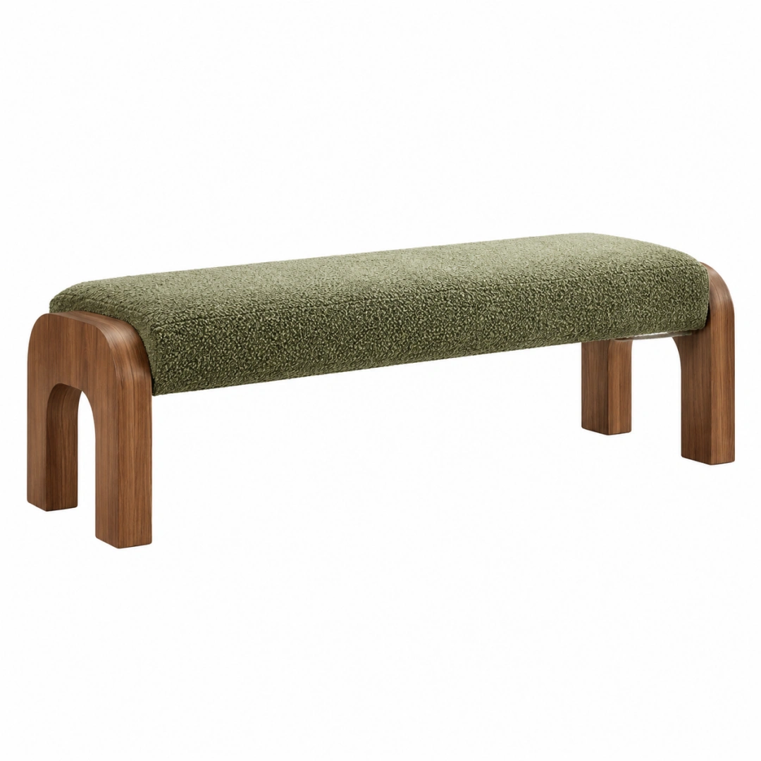 Banco 120 x 40 x 46 cm de madera marrón y tapizado verde para recibidor estilo contemporáneo