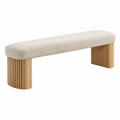 Banco 120 cm tapizado beige con patas de madera acanalada estilo contemporáneo