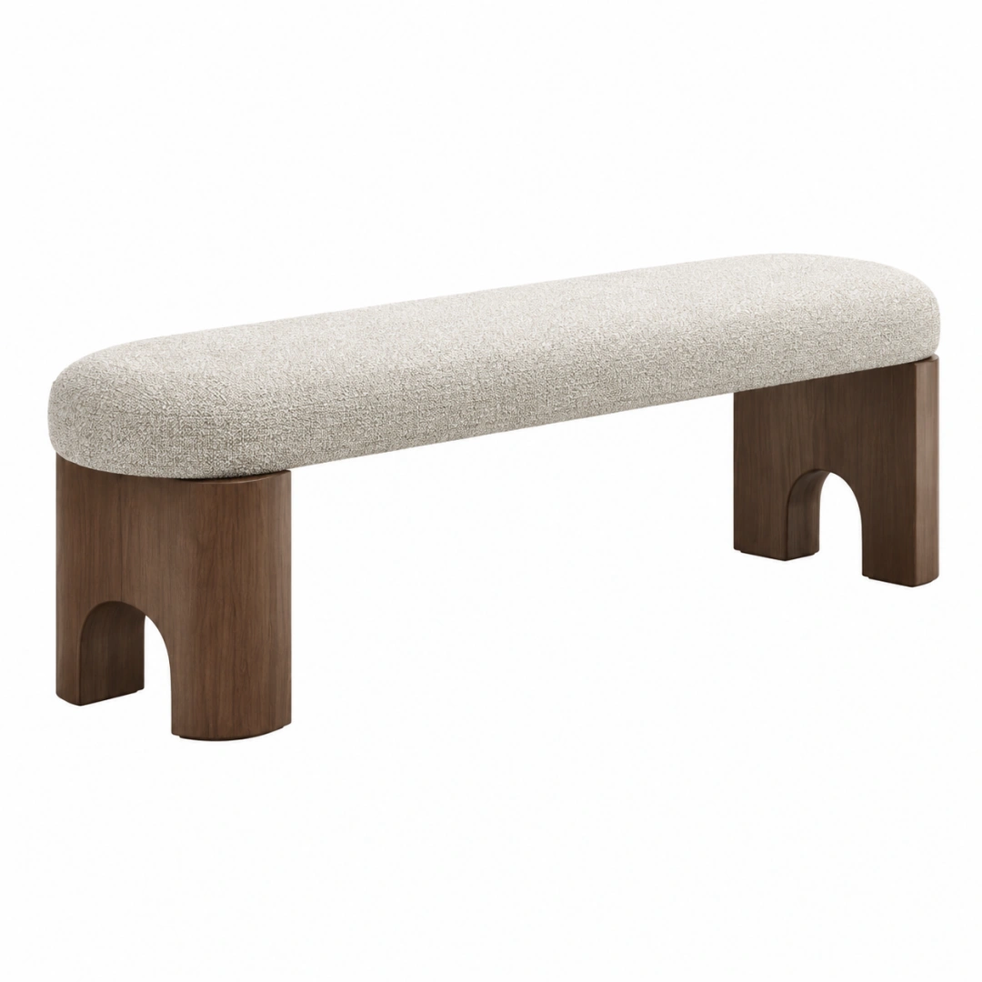 Banco 120 cm tapizado beige con patas de madera nogal - asiento acolchado contemporáneo