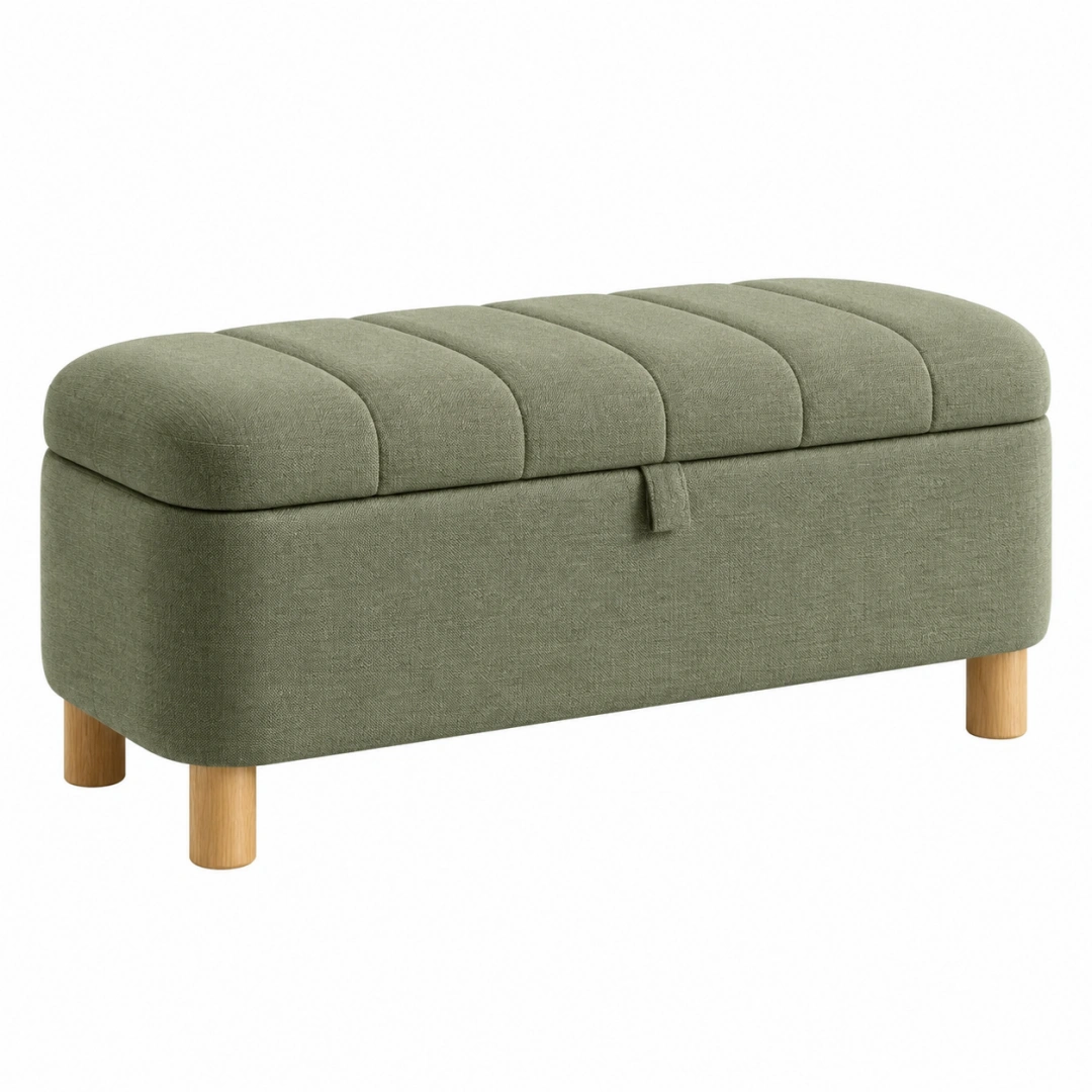 Banco de almacenaje 100 x 40 x 45 cm de tela verde con patas de madera estilo moderno