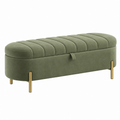 Banqueta con almacenaje 120 x 45 x 48 cm de tejido verde con patas metálicas para dormitorio