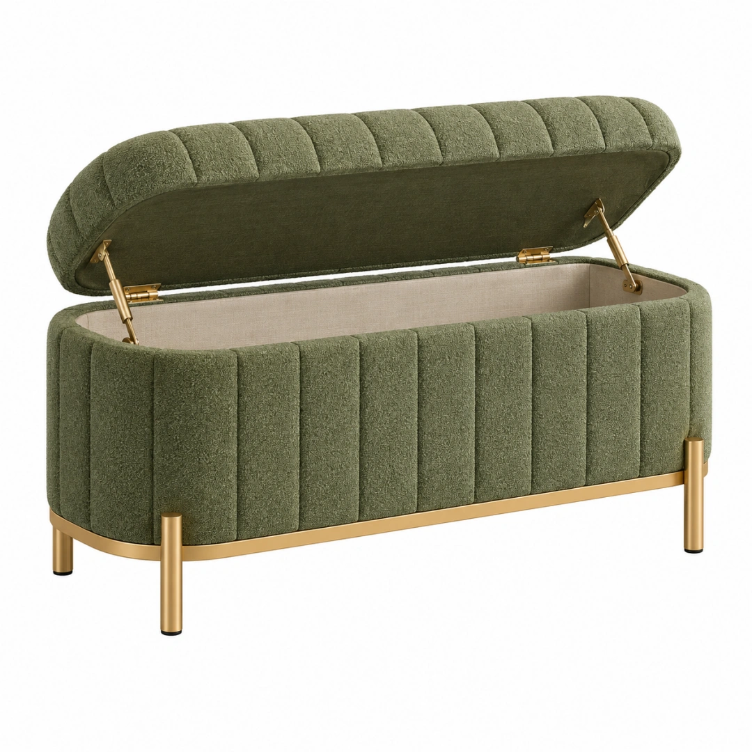 Banco baúl 120 cm tapizado textil verde oliva con almacenamiento y patas metálicas doradas