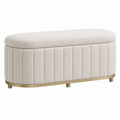 Banco baúl ovalado 100 x 45 x 45 cm de tejido bouclé crema con base metálica dorada