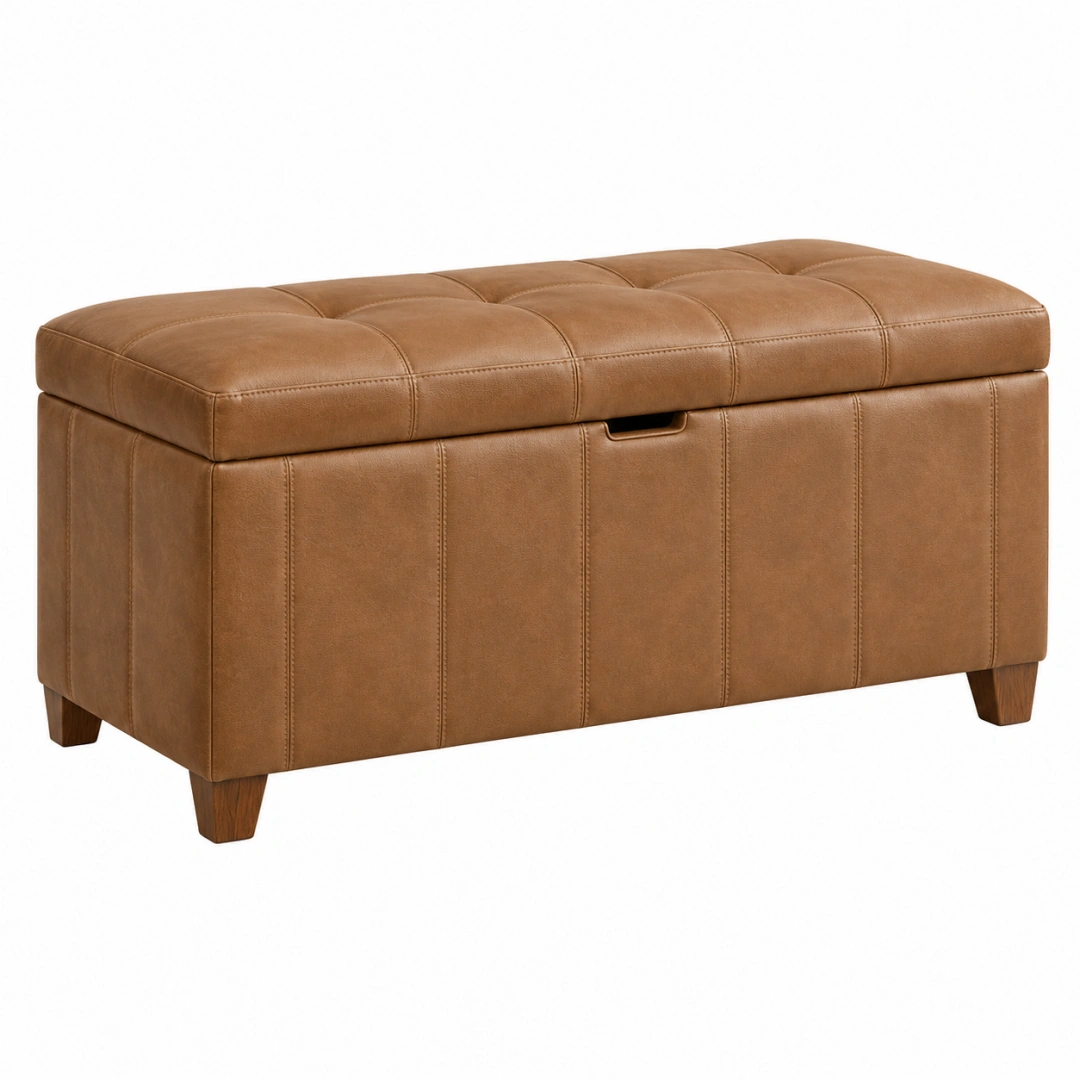 Banco arcón 100 x 45 x 45 cm de piel sintética marrón con asiento acolchado para almacenamiento