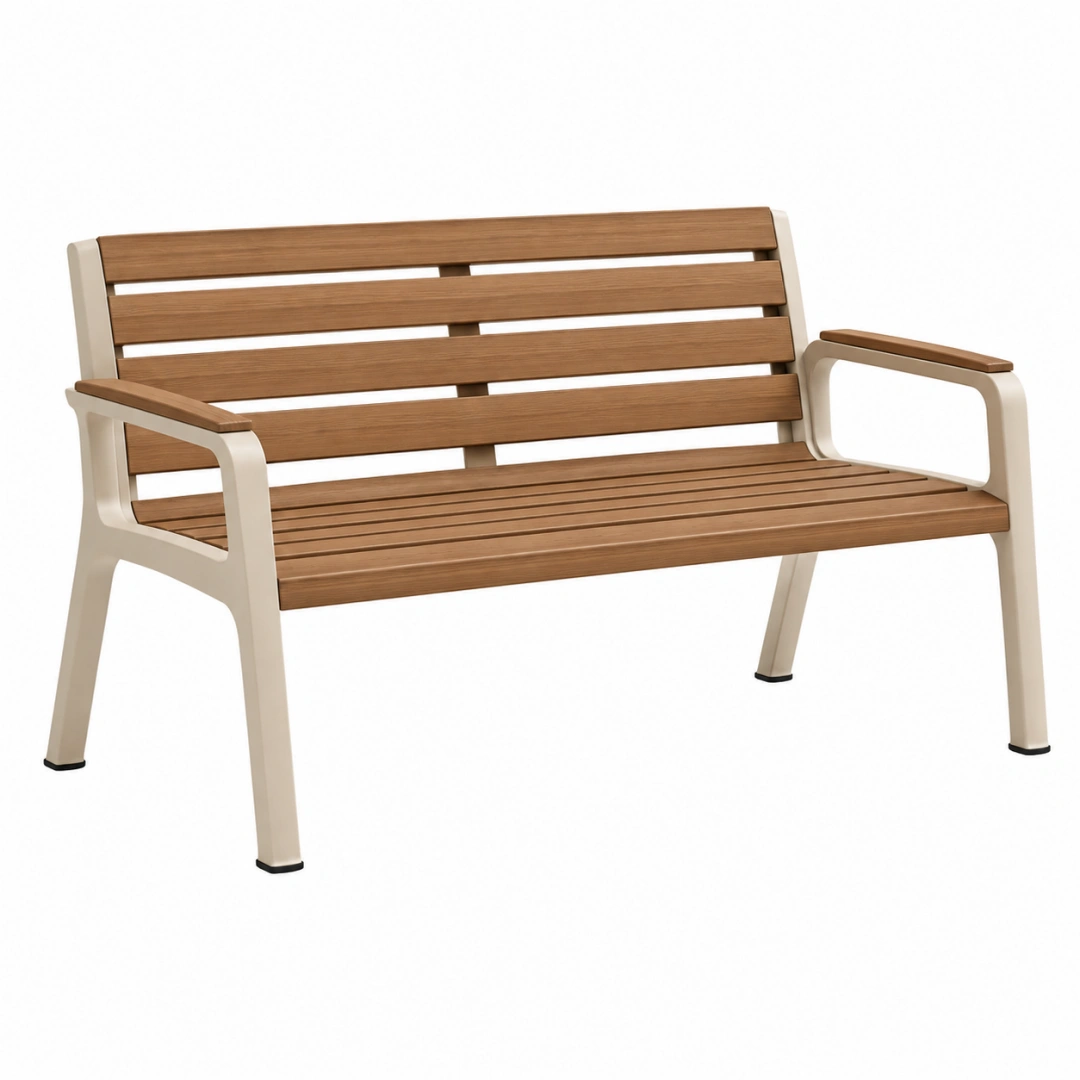 Banco de jardín 120 cm de madera y metal marrón crema con reposabrazos