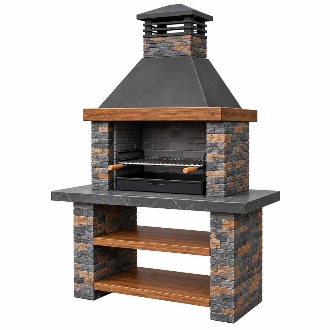 Barbacoa de obra 150 x 70 x 230 cm de piedra y acero negra para exterior con parrilla y chimenea