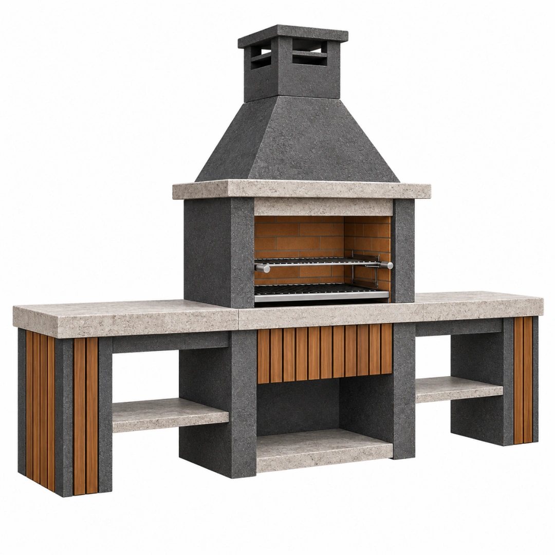 Barbacoa de obra 240 x 70 x 250 cm de piedra gris con encimera para exterior