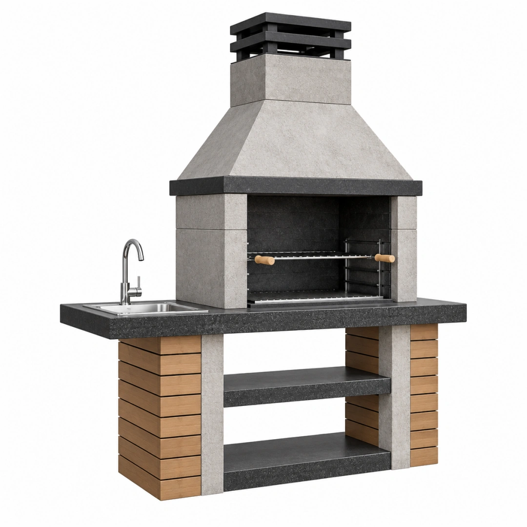 Barbacoa de exterior 180x70x230 cm de piedra gris y negra con fregadero y parrilla